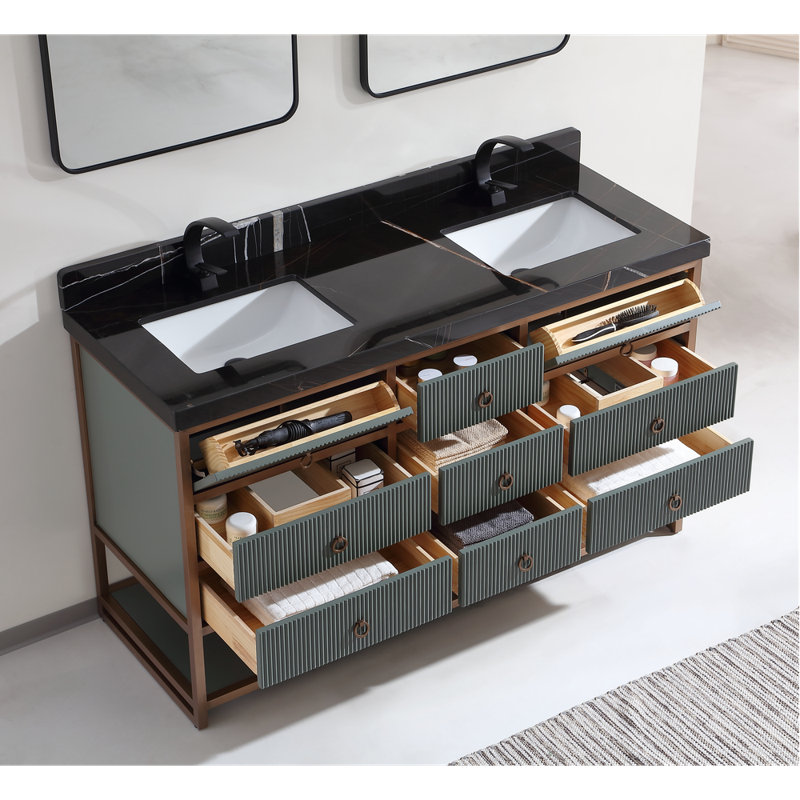 72" Double Vanity With Golden Brush Stainless Steel Frame And Tricorn Black Finish With 2' Thick Black Natual Stone Top, Gray