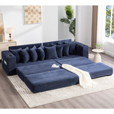 Video Presented 110.07" Corduroy Sectional Couch With Upgraded Movable Footstool, Handrail Cup Holders And Side Pocket Modern Blue L Shaped Wide , Spacious Seats Into A Bed