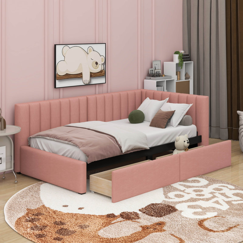 Twin Size Upholstered Daybed With 2 Storage Drawers, Pink