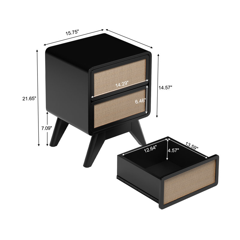 Black and Linen 2-Drawer Solid Wood Nightstand Set