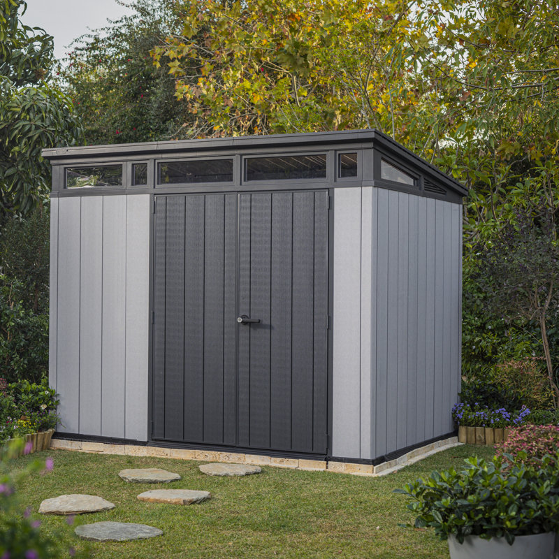 Keter Artisan 9x7 ft. Modern Durable Resin Outdoor Storage Shed With Floor and Double Doors for Garden Patio Furniture and Tools, Grey