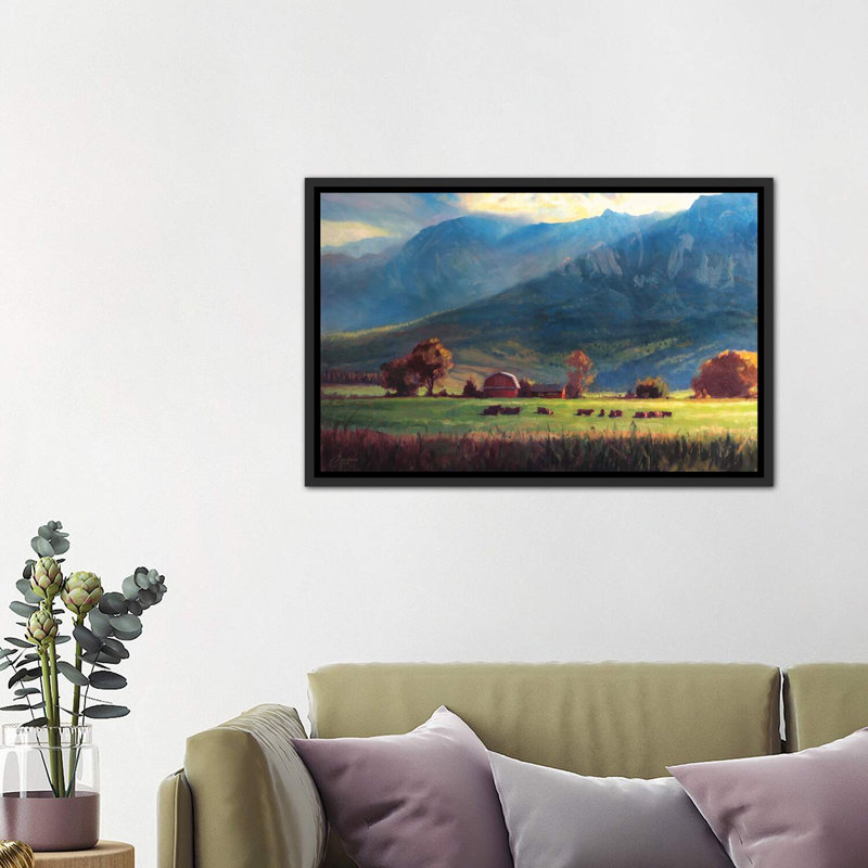 «Rocky Mountain Farm» par Christopher Clark, reproduction d'art, H 26 po x l 40 po x P 1,5 po, Toile encadrée noir délavé
