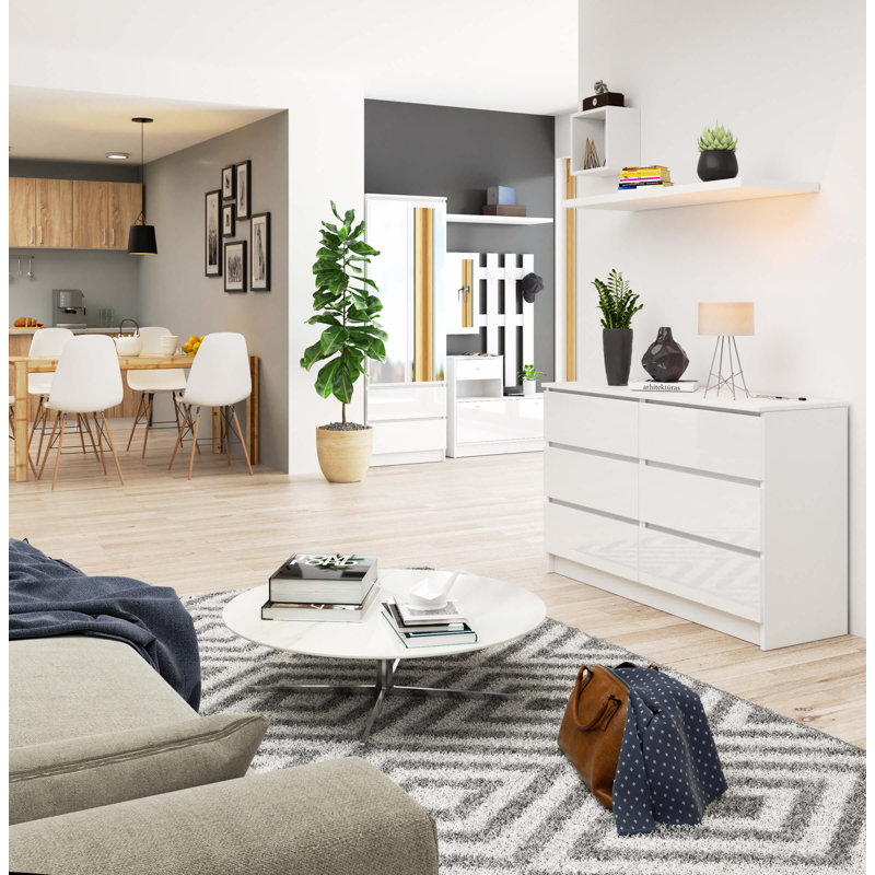 Elree 6 Drawer 120Cm W Double Dresser, White Gloss