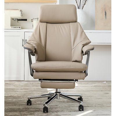 Fauteuil de bureau inclinable en cuir véritable de luxe à dossier haut avec repose-tête surdimensionné et repose-pieds extensible