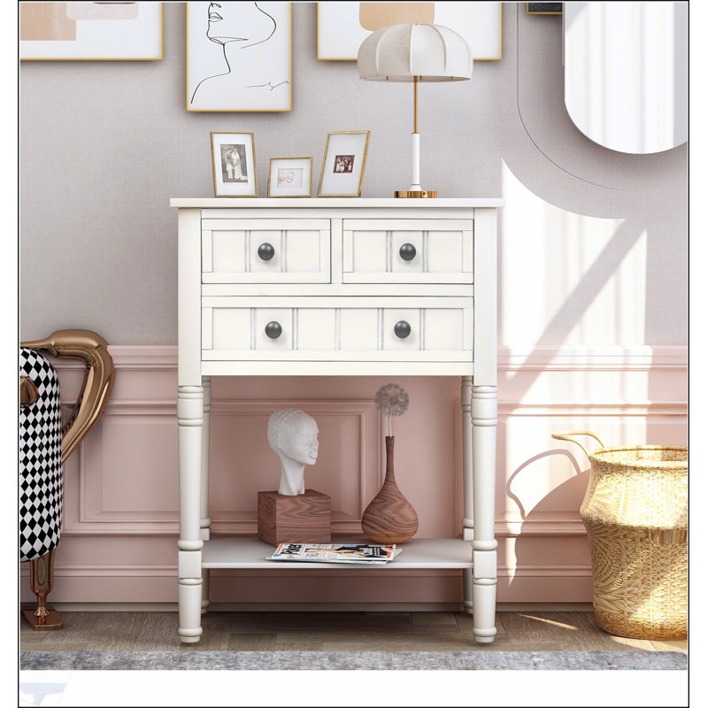 Console étroite avec trois tiroirs de rangement et une tablette inférieure, parfaite pour les petits espaces et la décoration intérieure élégante