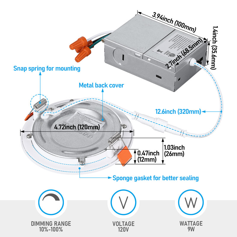 Éclairage encastré 4 pouces 5 cct à DEL, CRI 90, 9 W, lumière ultra-mince, à intensité variable, homologué ETL