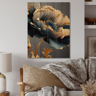 Bleu profond et fleur simple dorée VI - Art mural en bois floral et botanique - Bois de pin naturel