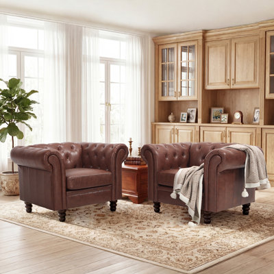 Ensemble de 2 fauteuils d'appoint Chesterfield Fynlie de 115 cm (45,2 po) en similicuir capitonné, style moderne du milieu du siècle.