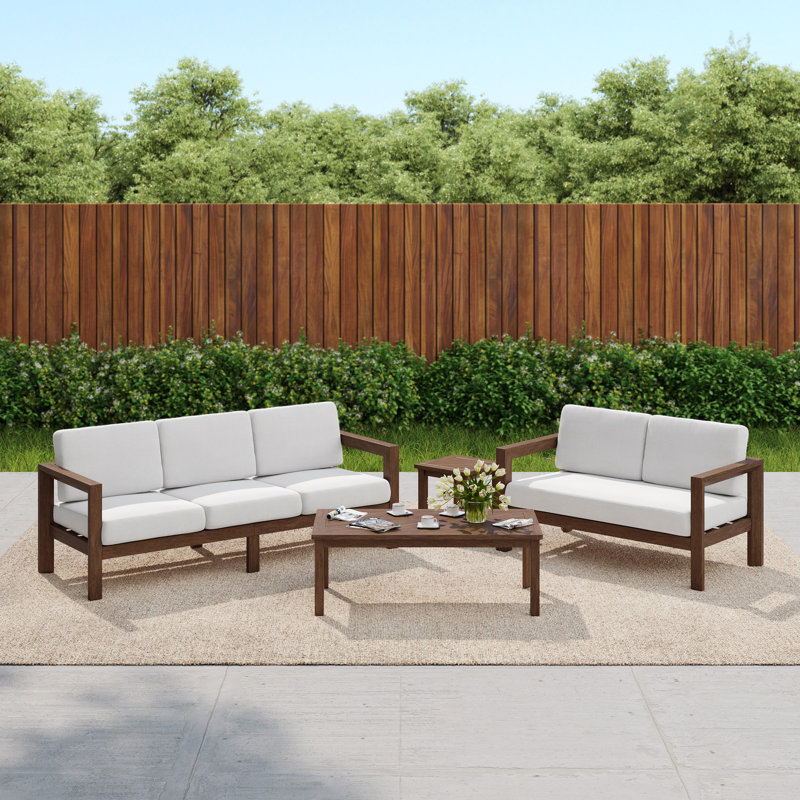 Ensemble de patio extérieur en bois massif pour cinq personnes avec coussins et deux tables, Beige