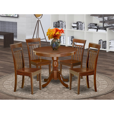 5 Piece Dining Table Set for 4 Includes a Round Kitchen Table with Pedestal and 4 Faux Leather Dining Room Chairs, Mahogany