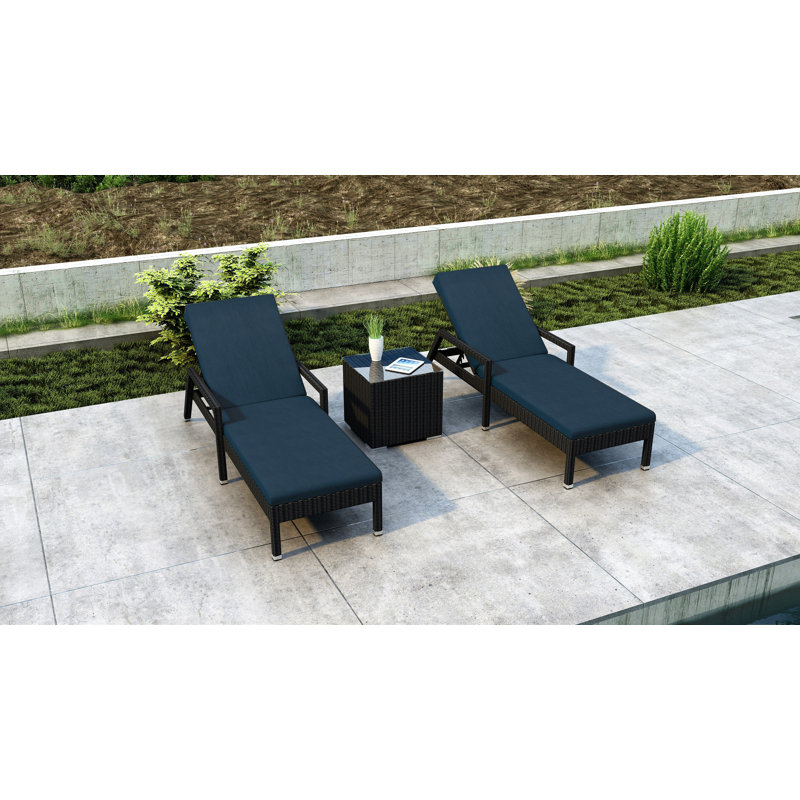 Thornaby Outdoor Wicker Chaise Lounge Set with Table , Cushion Included, Spectrum Indigo Sunbrella®, Coffee Bean