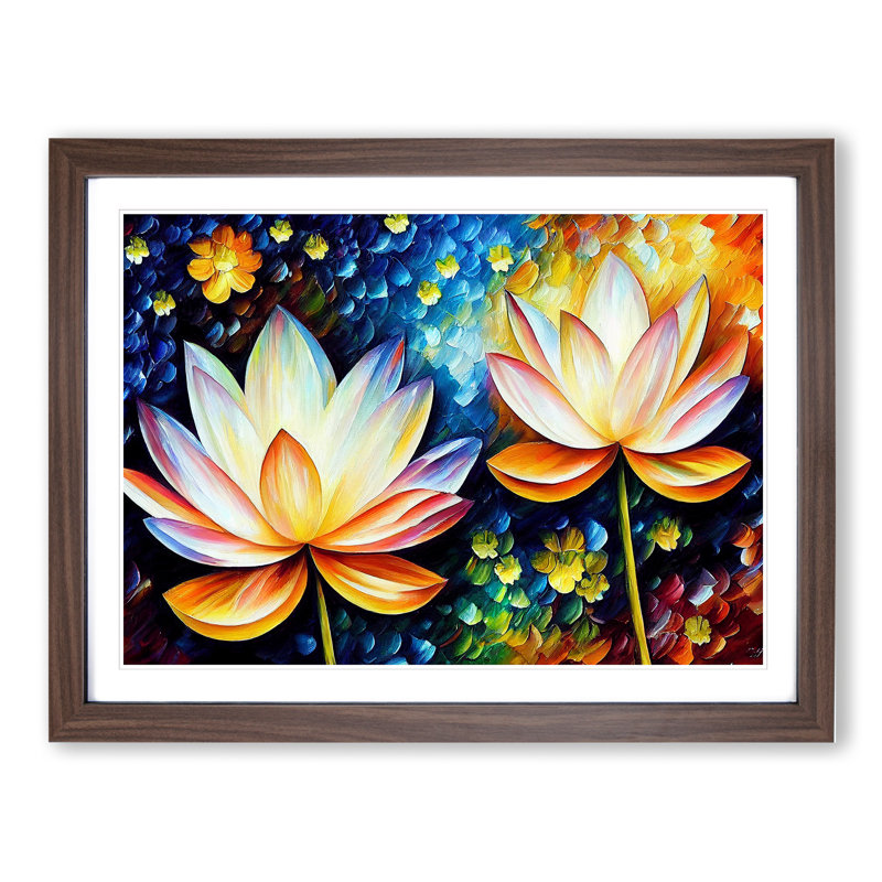 XH1022-6658X Painted Lotus Flowers Abstract 1 Piece Single Picture Frame Wall Art, 46cm H x 64cm W x 2cm D, Walnut Framed