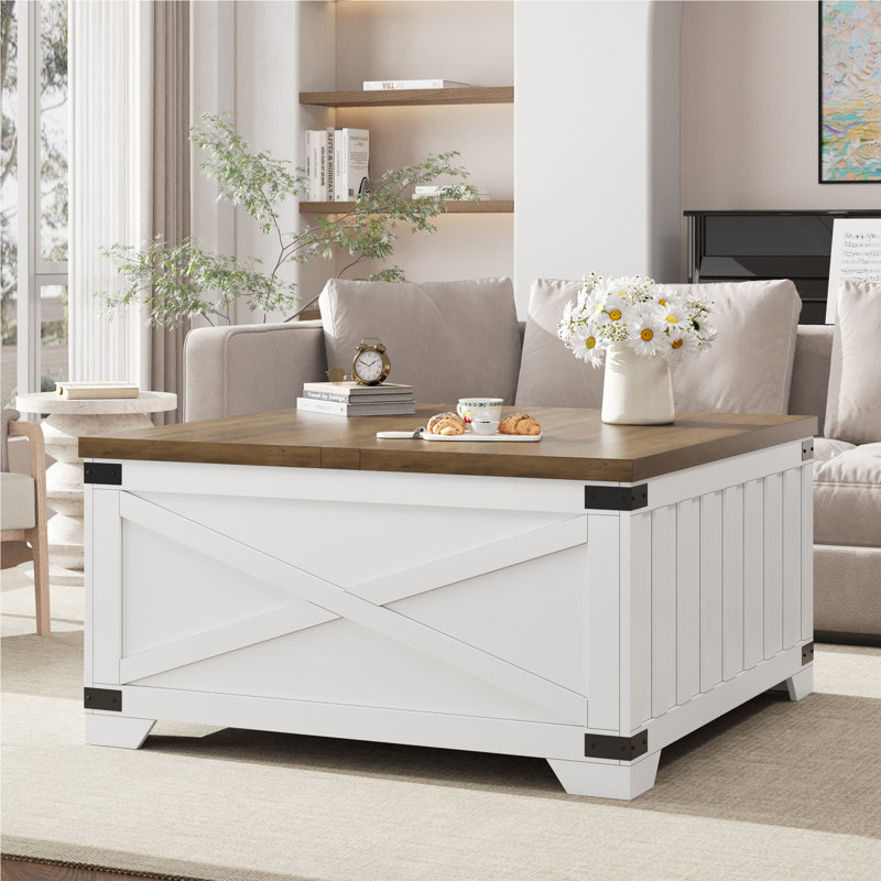 Table basse avec rangement relevable Locascio Farmhouse, Brun / blanc