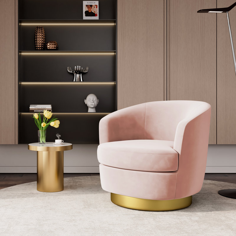 Jalivia 29'' W Velvet Upholstered Swivel Barrel Chair, Pink Velvet