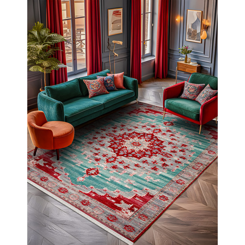 Gulustan Blue Red Oriental Machine Printed Cotton Polyester Area Rug, Runner 3'4" x 14'10"