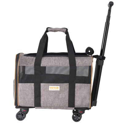 Airline-Certified Wheeled Pet Carrier For Cats And Dogs Under 22 Lbs. Retractable Handle And Shoulder Strap With Foldable Food Bowl. Gray Pet Travel Carrier.
