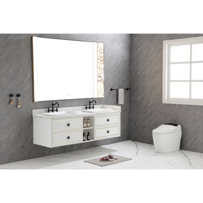 Le meuble-lavabo mural de 72 po de couleur blanche, libère de l'espace avec 4 tiroirs et 2 tablettes pour lavabo double suspendu de 72 po, offre un espace de rangement supplémentaire