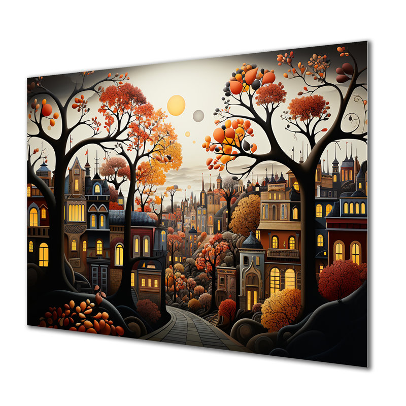 Cozy village in Autumn Moonlit I - Art mural en métal City Art Deco, H 30 po x l 40 po x P 1,5 po