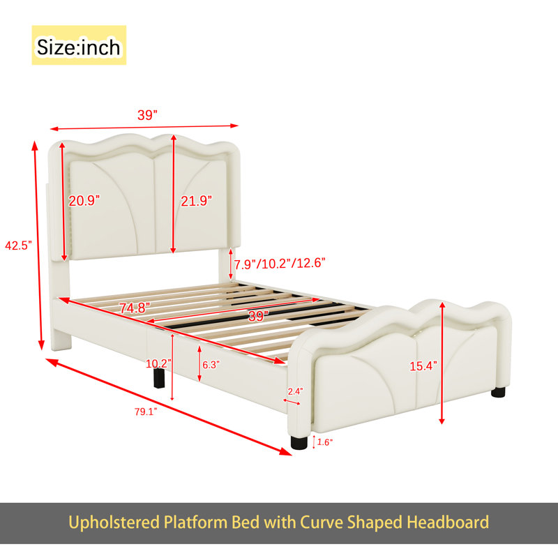 Lit plateforme tapissier avec tête de lit courbée et à hauteur ajustable, bandes lumineuses à DEL, Simple, Blanc