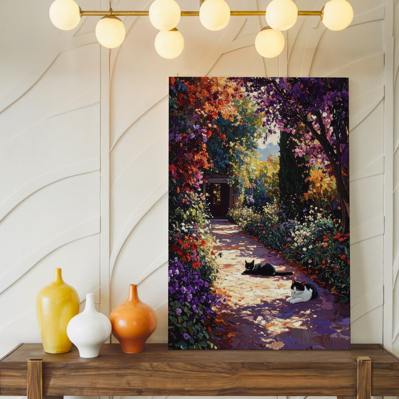 Impression sur toile, impression de jardin, chemin de jardin impressionniste, chat et floraison, sentier floral, prêt à être accroché à la galerie