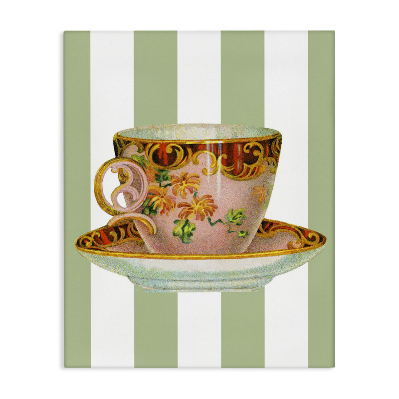 Elegant Teacup on Green Stripes Canvas Wall Art, design by Lil' Rue, 20" H x 16" W