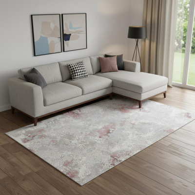 7' X 10' Gray Ivory And Pink Abstract Distressed Area Rug