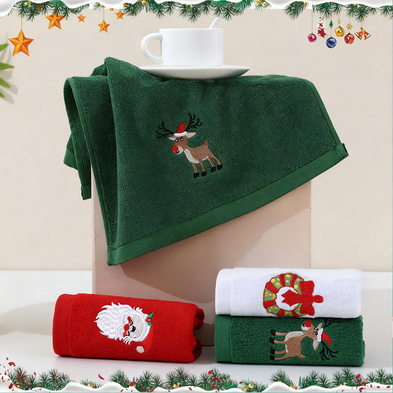 DIY Embroidered Christmas Towel Set Of 3, Soft Cotton, Red, White And Green Holiday Colors, Creative Embroidered Style, Perfect Home Christmas Gift
