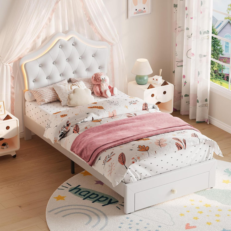 Twin Upholstered Platform Bed Frame with Storage Drawers, Low-Profile Faux Leather Bed with Crystal Accent Headboard, Beige