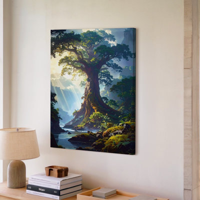 Art mural sur toile, une forêt luxuriante et mystique avec un arbre antique massif au centre, ses racines