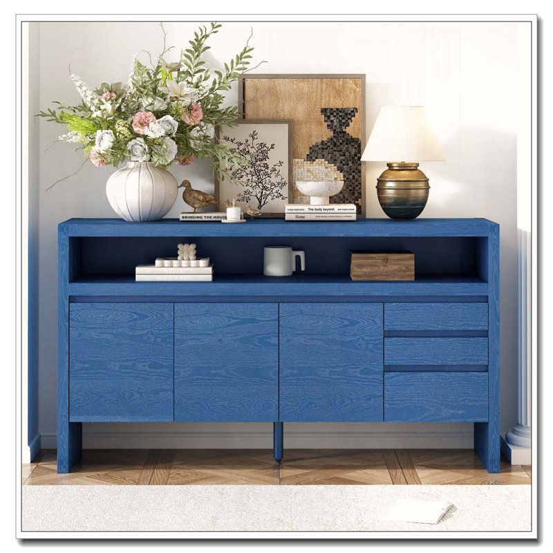 Buffet moderne 60 po avec 3 tiroirs, 3 portes et placage de frêne, Marine