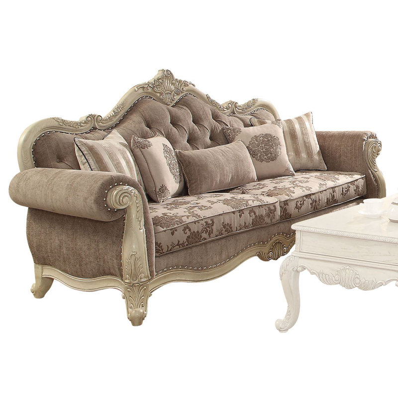 Cha Transitional Tufted Rolled Armrest Sofa with 5 Pillows and Floral Pattern, Antique White, Grey Polyester
