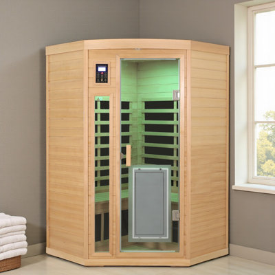 Sauna de coin intérieur KISRAIS, sauna infrarouge FAR à 2 places avec 2 lumières DEL de lecture, 3 lumières de chromothérapie, 1 lumière extérieure et haut-parleurs Bluetooth | Sauna personnel à chaleur sèche d'intérieur pour la maison et la salle de sport - Fabriqué en cèdre rouge