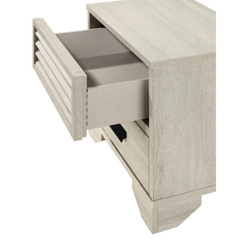 Table de chevet contemporaine pour chambre à coucher, 2 tiroirs, conception à persiennes, quincaillerie à poignée, finition beige, 22,3 po x 16,5 po, 23,7 po, une unité, assemblage sans style 2, Essentiel de chambre à coucher, pièce unique,