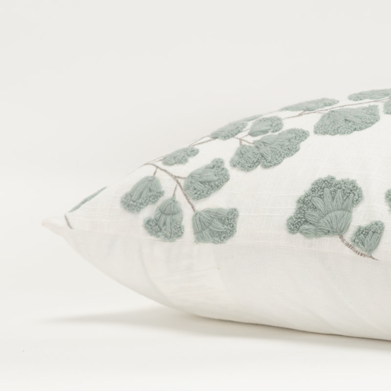 Ivory and Gray Embroidered Cotton Square Throw Pillow