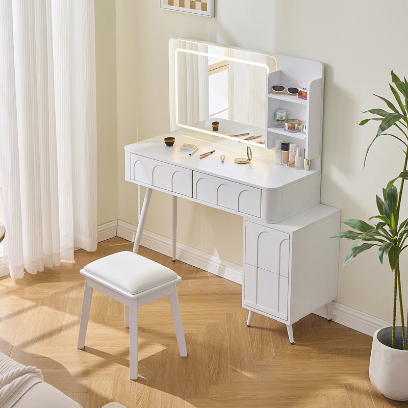 Makeup Vanity Desk with LED Lights, Mirror, and 4 Drawer Dressing Table Set with Stool for Modern Bedrooms, White