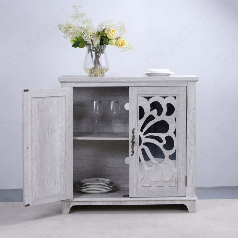 Buffet de rangement élégant avec portes en miroir en acrylique - Armoire décorative sculptée avec tablette réglable