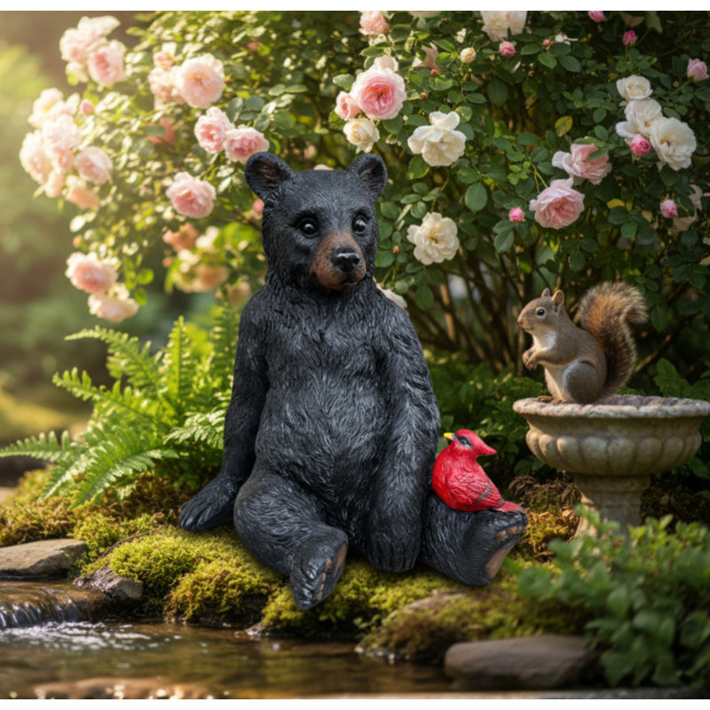 Bear and Cardinal Woodland Decorative Figurine For Garden