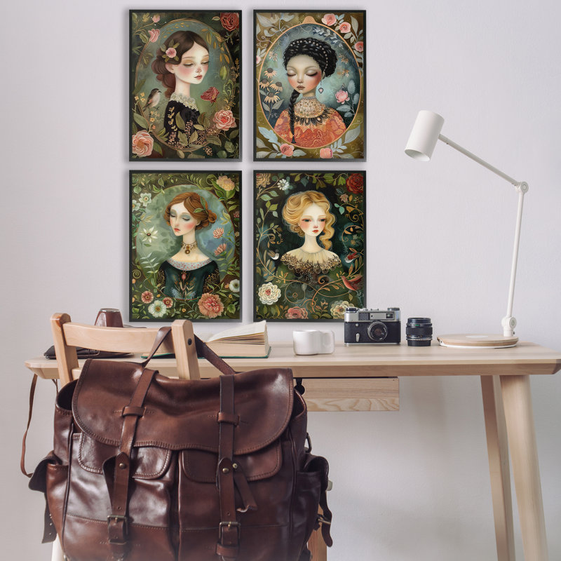 «Nouveau Mesdames with Floral Borders», ensemble de 4 impressions sur toile encadrées, design par The Dutch Lady