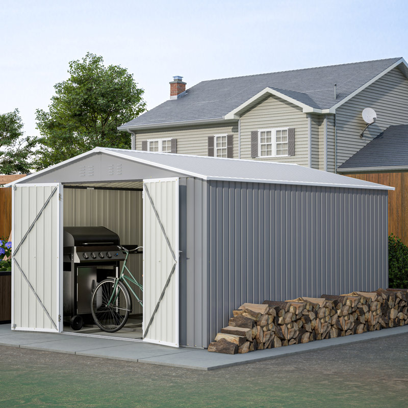 Remise de rangement pour l'extérieur 10 pi x 12 pi avec ensemble de cadre de plancher, remise en acier galvanisé, remise en métal, remise à outils de jardin avec portes verrouillables doubles pour la cour arrière, gris
