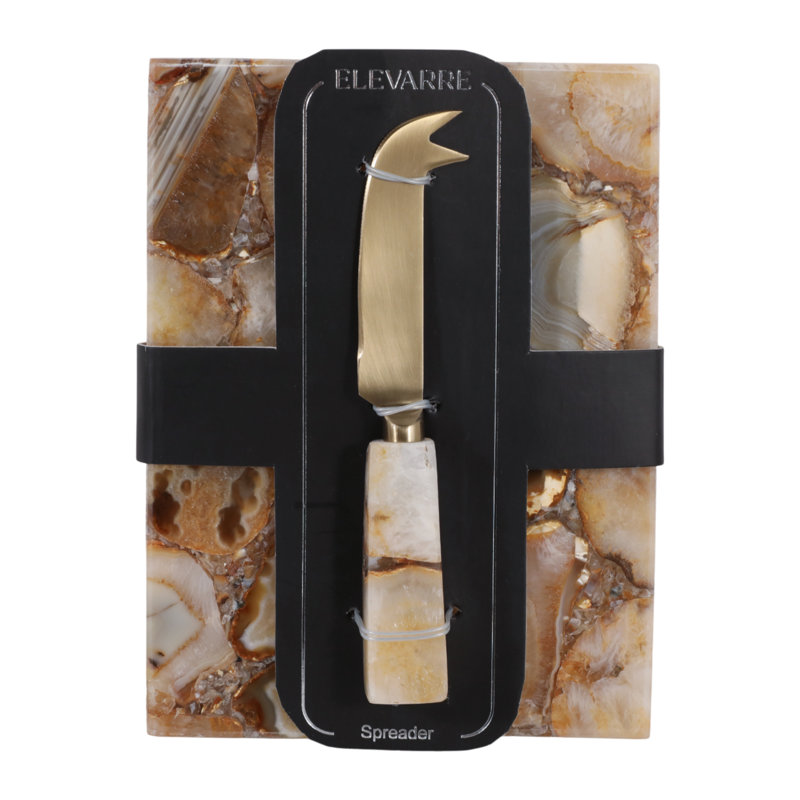 Rectangular Agate & Metal Cheese Serving Board Hostess for Dining Table Entertaining - Kitchen Serveware Set with Spreader for Catering - 8", Brown