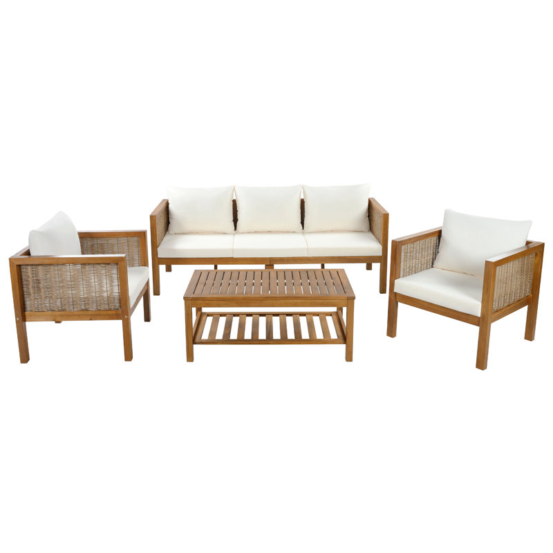 Ensemble de conversation de patio 4 pièces avec coussins imperméables en bois d'acacia, en rotin et pour l'extérieur, Beige