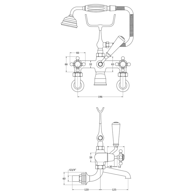 3 Handle Wall Bath Shower Mixer Bath Filler with Diverter