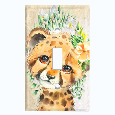 Metal Light Switch Plate Outlet Cover (Cute Animal Tiger Orange Baby Flower Wreath Beige - Single Toggle)
