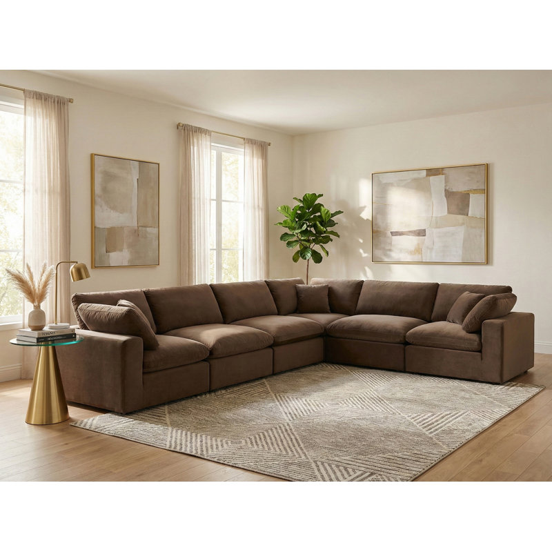 Homero 160" Wide Velvet Reversible Modular Corner Sectional, Brown Velvet