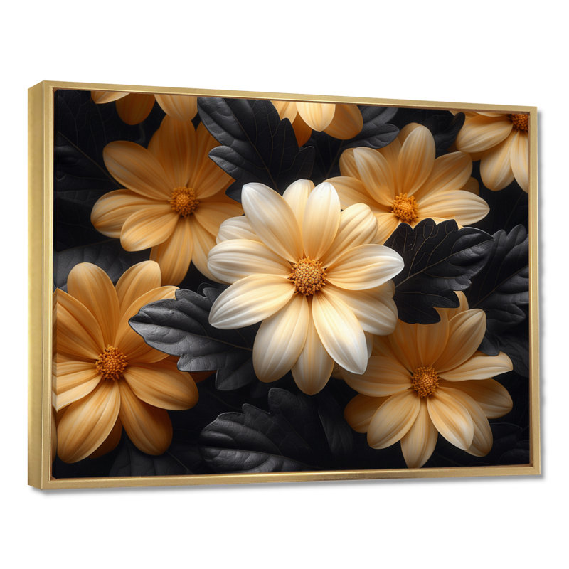 Jaune et blanc parfumés Fusion Mums II - Mums Wall Art Living Room, Cadre flottant noir, bois massif, H 24 po x l 32 po