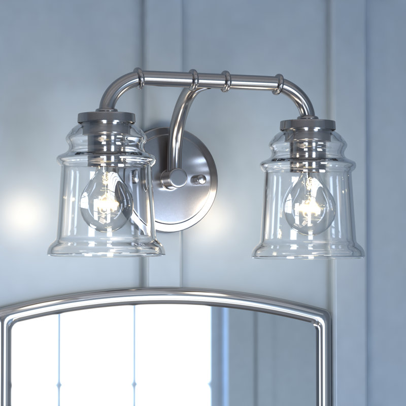 Akini 2-Light 14.75 inch Wide Satin Nickel Industrial Bathroom Vanity Lighting Fixture, Clear Glass Shade, Dimmable, LED Compatible, Over the Mirror Mounted Steel Wall Sconce