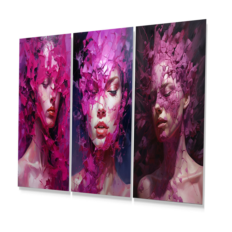 Surreal Magenta Woman Fusion - Surrealism Metal Wall Art Prints Set Of 3, 28" H x 36" W