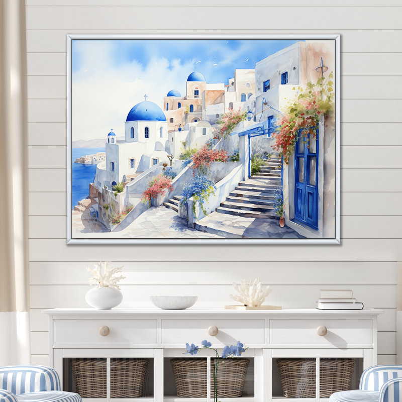 «Blue and White Santorini Village I», art mural Grèce, Cadre flottant blanc,  H 30 po x l 40 po x P 1,5 po