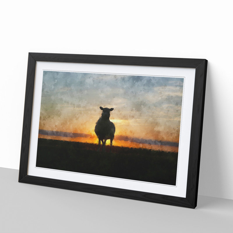 Sunset and Sheep - Picture Frame Painting, 36cm H x 48cm W x 2cm D, Black Framed