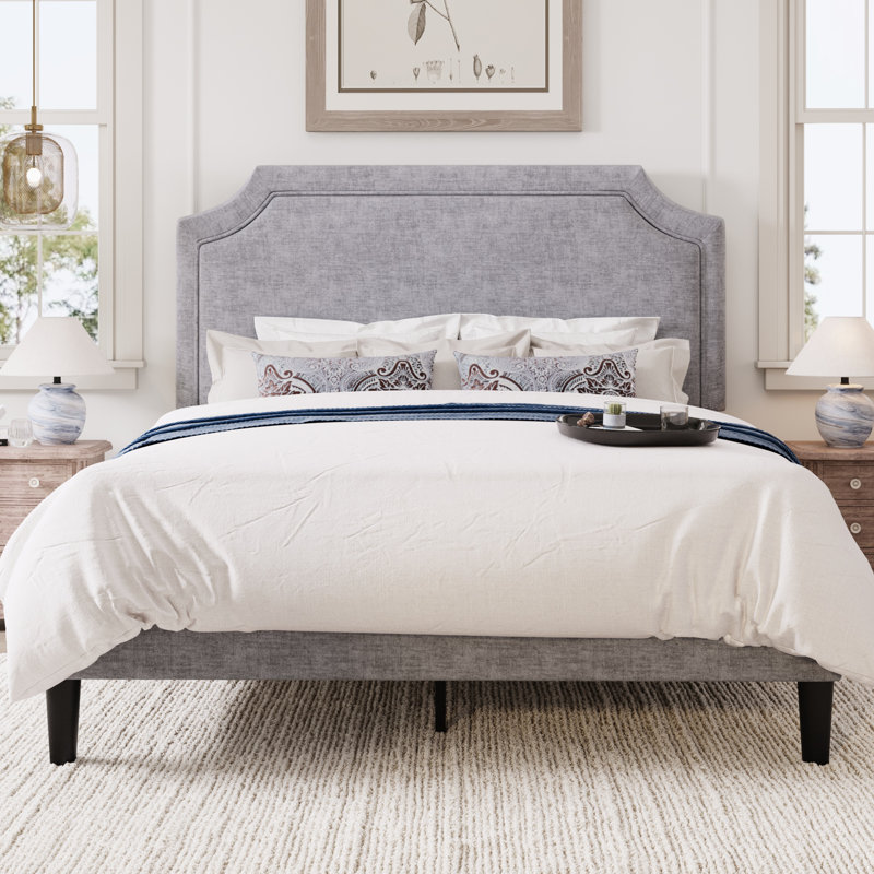 Structure de lit moderne tapissier avec tête de lit ajustable, Gris clair, Grand lit